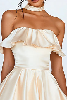 Champagne Satin Strapless Short Graduation Dress with Ruffles