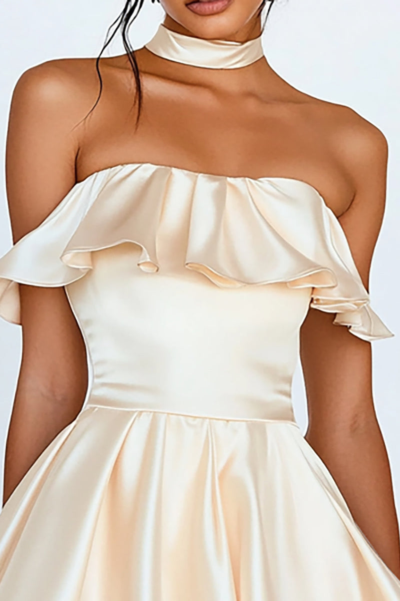Load image into Gallery viewer, Champagne Satin Strapless Short Graduation Dress with Ruffles