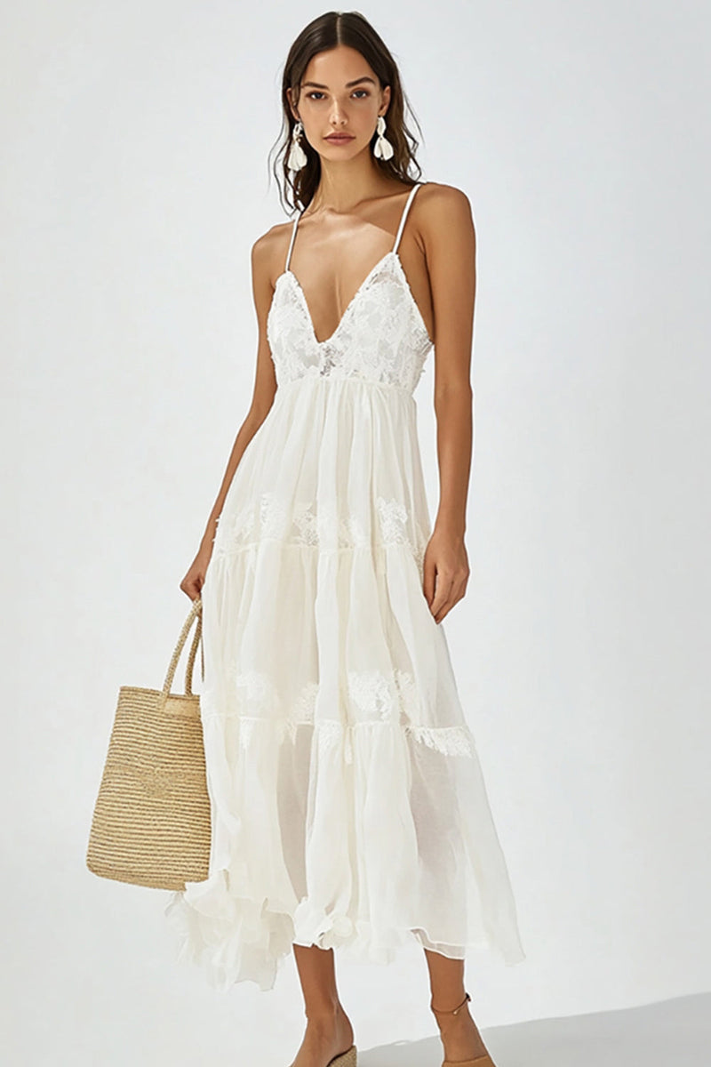 Load image into Gallery viewer, Women White Boho Maxi Dress with Ruffles V Neck A Line Summer Dress with Lace