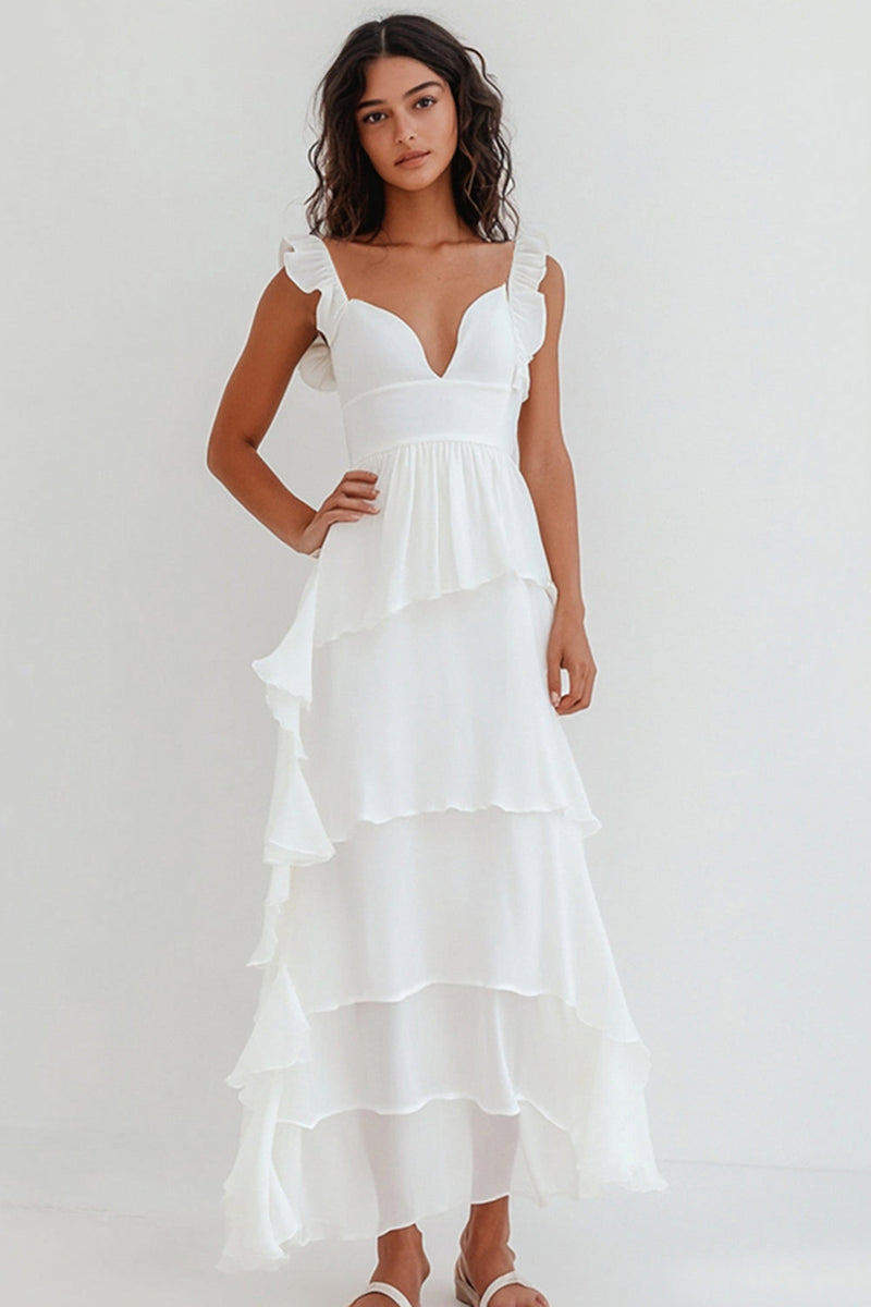 Load image into Gallery viewer, White Chiffon V Neck Long Engagement Dress with Ruffles