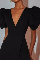 Load image into Gallery viewer, Black Satin V Neck Puff Sleeves Short Cocktail Dress