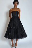 Load image into Gallery viewer, Black Floral Strapless Midi A Line Formal Dress with Lace