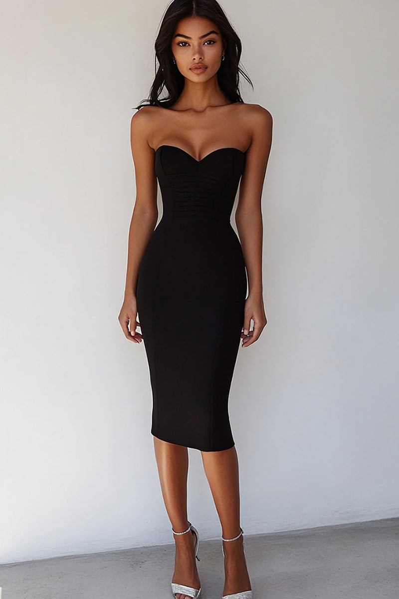 Load image into Gallery viewer, Women Black Satin Midi Cocktail Dress Sweetheart Bodycon Little Black Dress