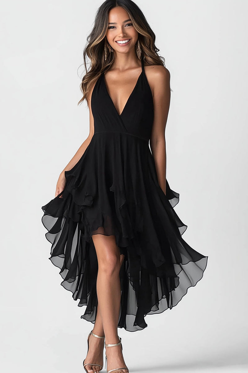 Load image into Gallery viewer, Black V-Neck Asymmetrical A Line Cocktail Dress with Ruffles
