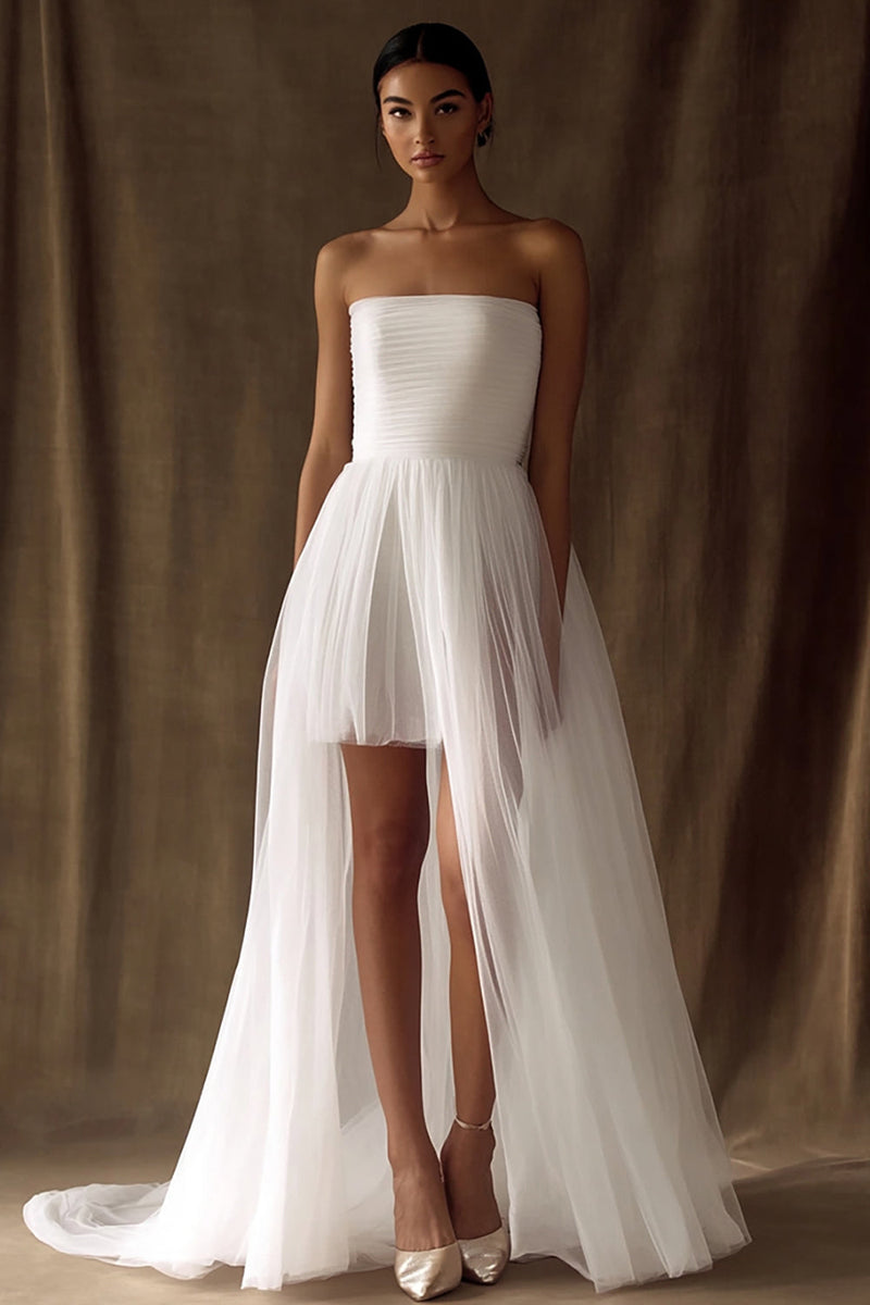 Load image into Gallery viewer, White Tulle Strapless High-Low Engagement Dress with Pleats