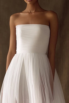 White Tulle Strapless High-Low Engagement Dress with Pleats