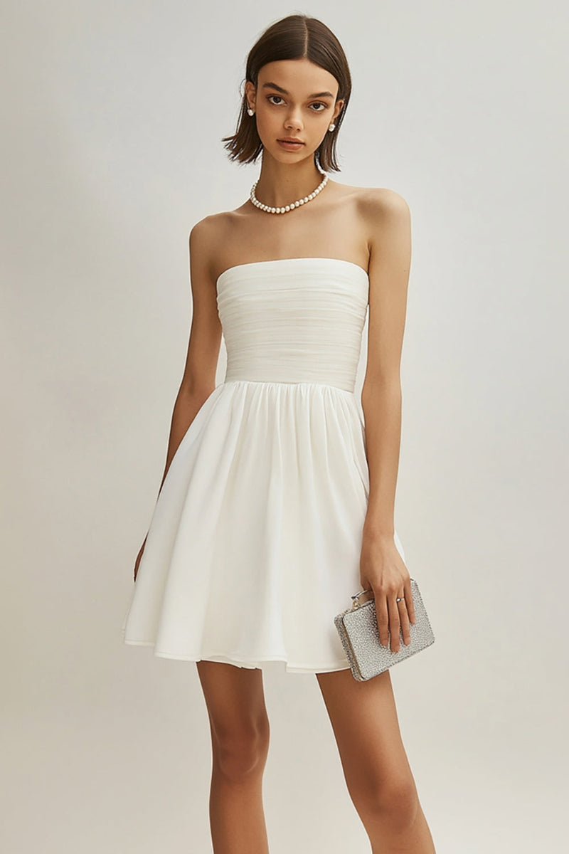 Load image into Gallery viewer, White Satin Strapless Ruched Short Graduation Dress