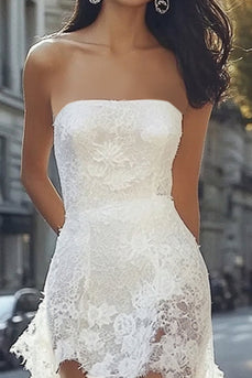 Women White Lace High-Low Boho Graduation Dress Strapless Bodycon Little White Dress