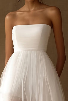 White Tulle Strapless High-Low A Line Graduation Dress