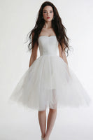 Load image into Gallery viewer, White Tulle Strapless Midi A Line Graduation Dress