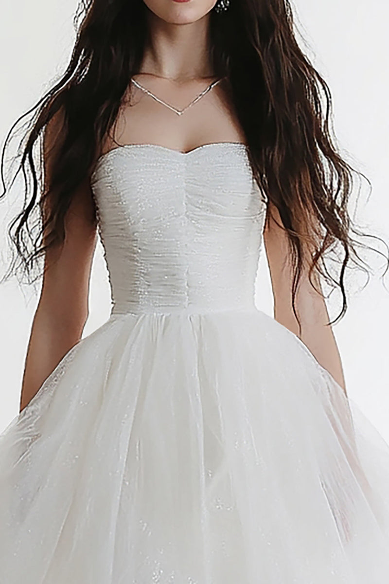 Load image into Gallery viewer, White Tulle Strapless Midi A Line Graduation Dress