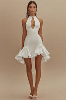 Load image into Gallery viewer, White Satin Short High Neck Graduation Dress with Ruffles