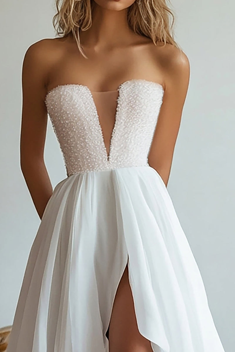 Load image into Gallery viewer, White V Neck High-Low A Line Engagement Dress with Beading