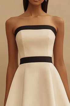Ivory and Black Satin Strapless Short A Line Graduation Dress
