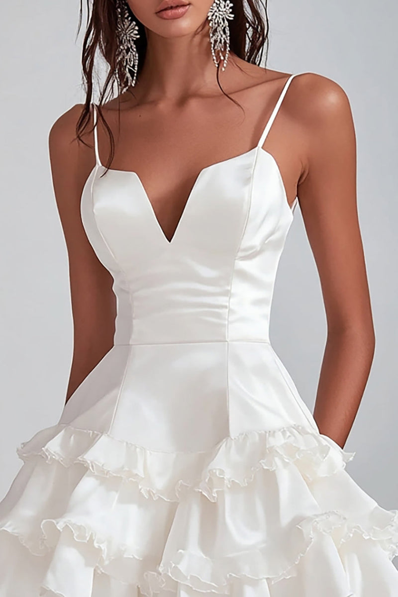 Load image into Gallery viewer, White Satin Spaghetti Straps Short Graduation Dress with Ruffles