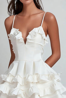 White Satin V Neck Short Ruched Graduation Dress with Ruffles