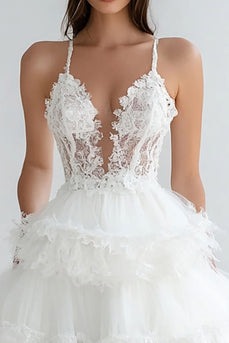 White Tulle V Neck Short A Line Graduation Dress with Lace