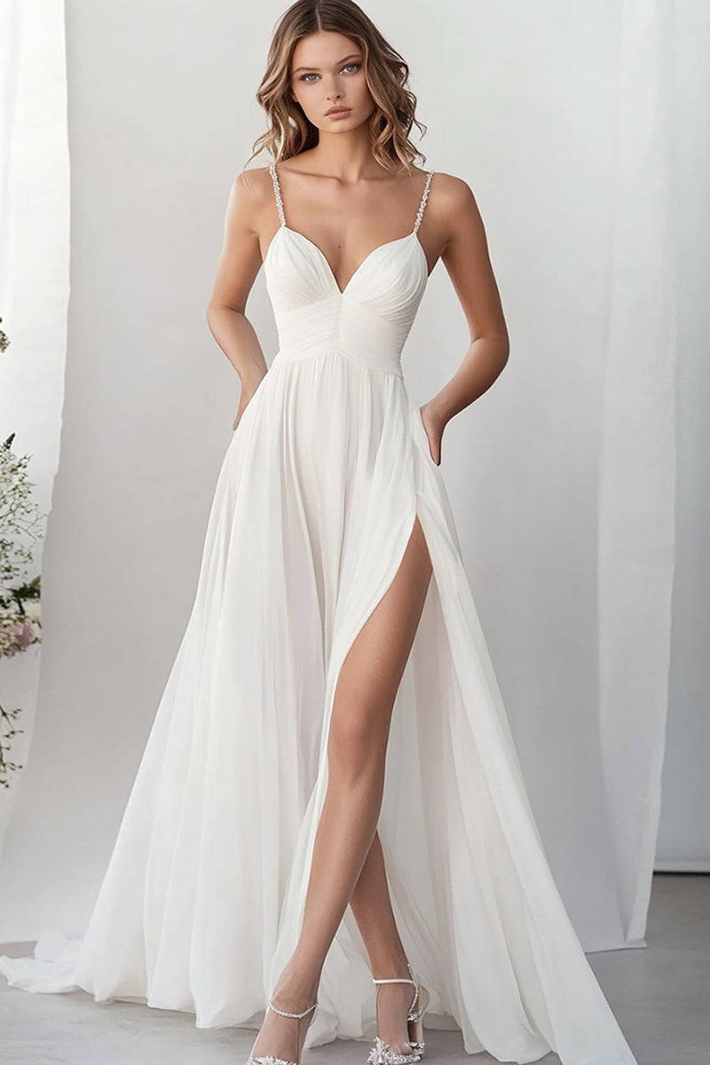 Queendancer Women White Chiffon Long Engagement Dress with Slit Spaghetti  Straps A Line Rehearsal Dinner Dress  queendanceruk