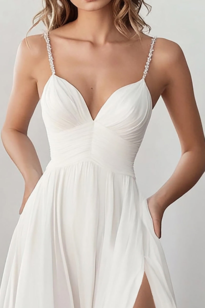 Load image into Gallery viewer, White Spaghetti Straps Long Engagement Dress with Slit