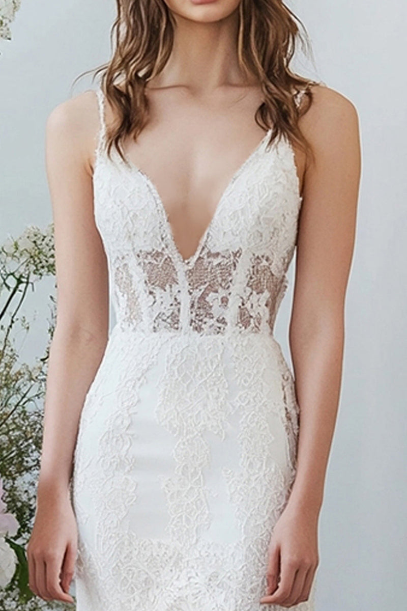 Load image into Gallery viewer, White Lace V Neck Long Mermaid Engagement Dress