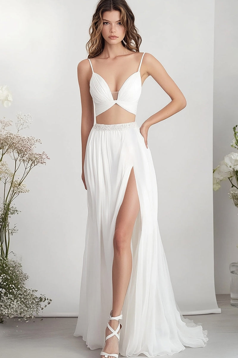 Load image into Gallery viewer, White Two Piece Chiffon Long Engagement Dress with Slit