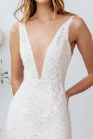 Load image into Gallery viewer, White Lace V Neck Long Sheath Engagement Dress