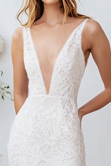 White Lace V Neck Long Sheath Engagement Dress