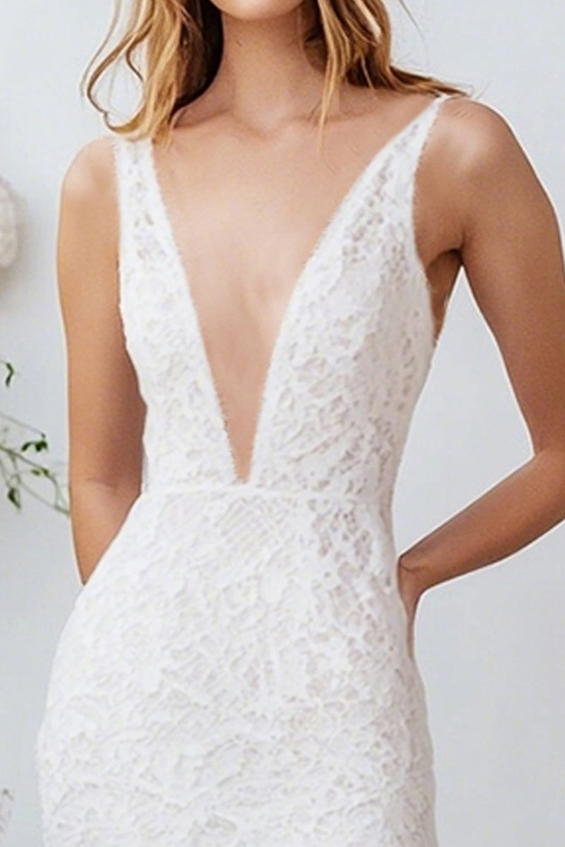 Load image into Gallery viewer, White Lace V Neck Long Sheath Engagement Dress