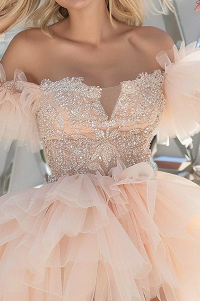 Load image into Gallery viewer, Sparkly Light Pink Organza Tiered Short Prom Dress with Appliques
