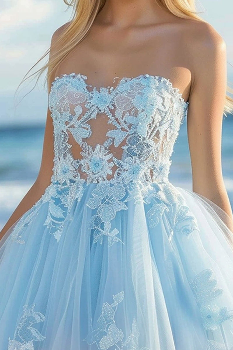 Load image into Gallery viewer, Sky Blue A Line Tulle Strapless Short Prom Dress with Lace