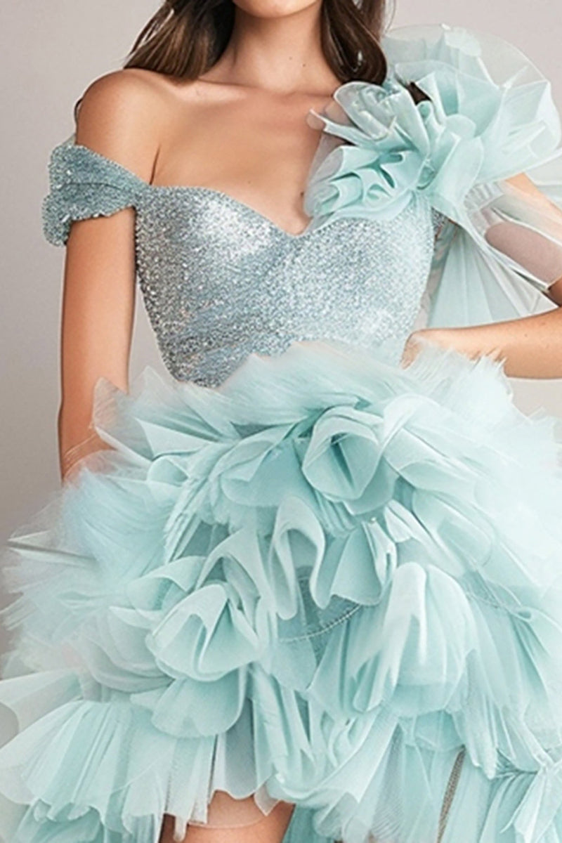 Load image into Gallery viewer, Sparkly Light Green Organza High-Low Prom Dress
