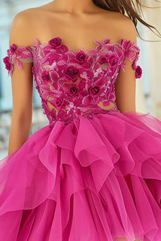 Floral Fuchsia A Line Organza Short Prom Dress with Appliques