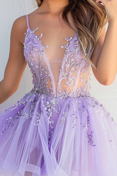 Sparkly Lilac Tulle Short Prom Dress with Appliques