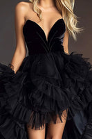 Load image into Gallery viewer, Black Tulle A Line Strapless High-Low Prom Dress
