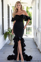 Load image into Gallery viewer, Black Satin Mermaid Off the Shoulder Maxi Formal Dress with Ruffles