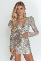 Load image into Gallery viewer, Silver Sparkly Sequin V-Neck Bodycon Short Prom Dress