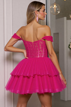 Fuchsia Corset Tulle A Line Short Prom Dress with Appliques