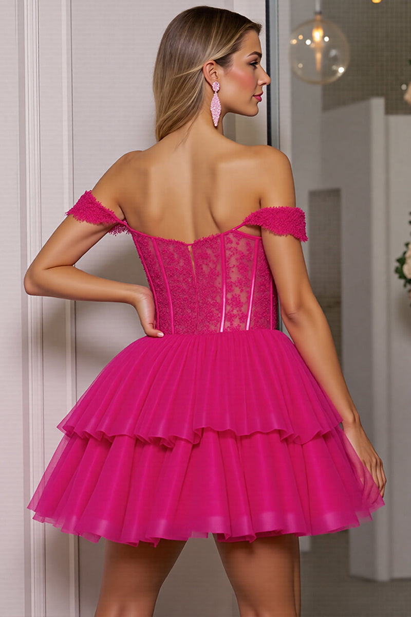 Load image into Gallery viewer, Fuchsia Corset Tulle A Line Short Prom Dress with Appliques