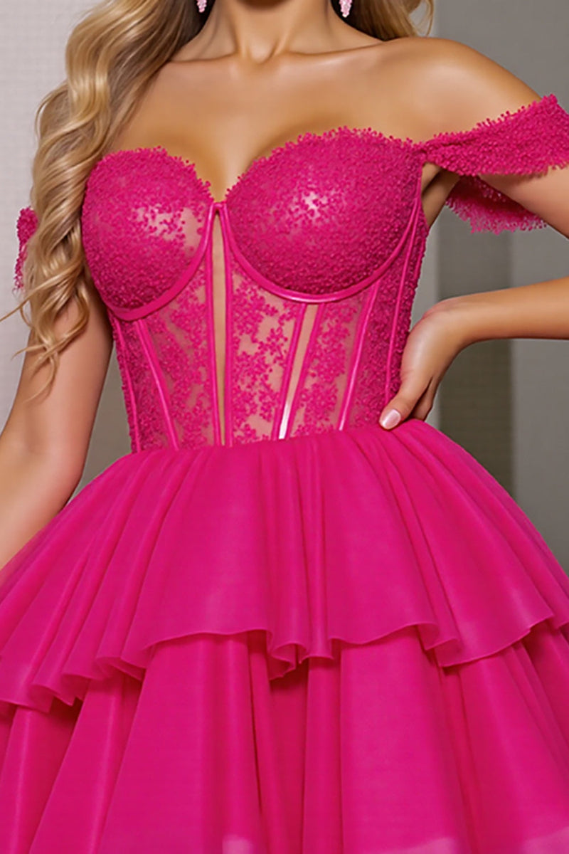 Load image into Gallery viewer, Fuchsia Corset Tulle A Line Short Prom Dress with Appliques