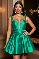 Load image into Gallery viewer, Dark Green A Line Satin Corset Short Prom Dress with Bow