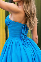 Load image into Gallery viewer, Blue A Line Strapless Ruched Short Prom Dress
