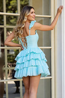 Load image into Gallery viewer, Light Blue A Line Tiered Short Prom Dress with Ruffles