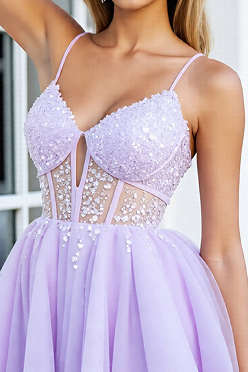 Load image into Gallery viewer, Sparkly Lilac Tulle A Line Corset Short Prom Dress
