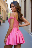Load image into Gallery viewer, Sparkly Fuchsia A Line Short Corset Prom Dress