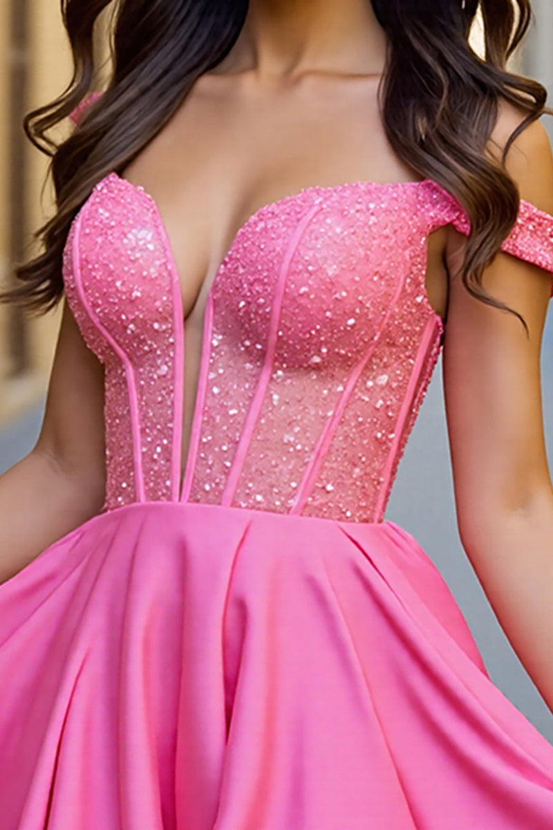 Load image into Gallery viewer, Sparkly Fuchsia A Line Short Corset Prom Dress