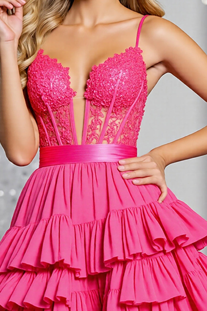 Load image into Gallery viewer, Fuchsia Corset A Line Tiered Short Prom Dress with Appliques
