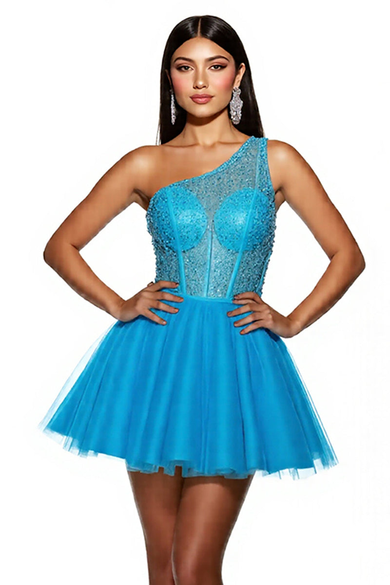Load image into Gallery viewer, Sparkly Sky Blue A Line Corset One Shoulder Short Tulle Prom Dress
