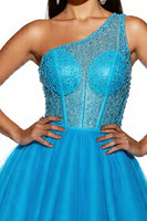Load image into Gallery viewer, Sparkly Sky Blue A Line Corset One Shoulder Short Tulle Prom Dress