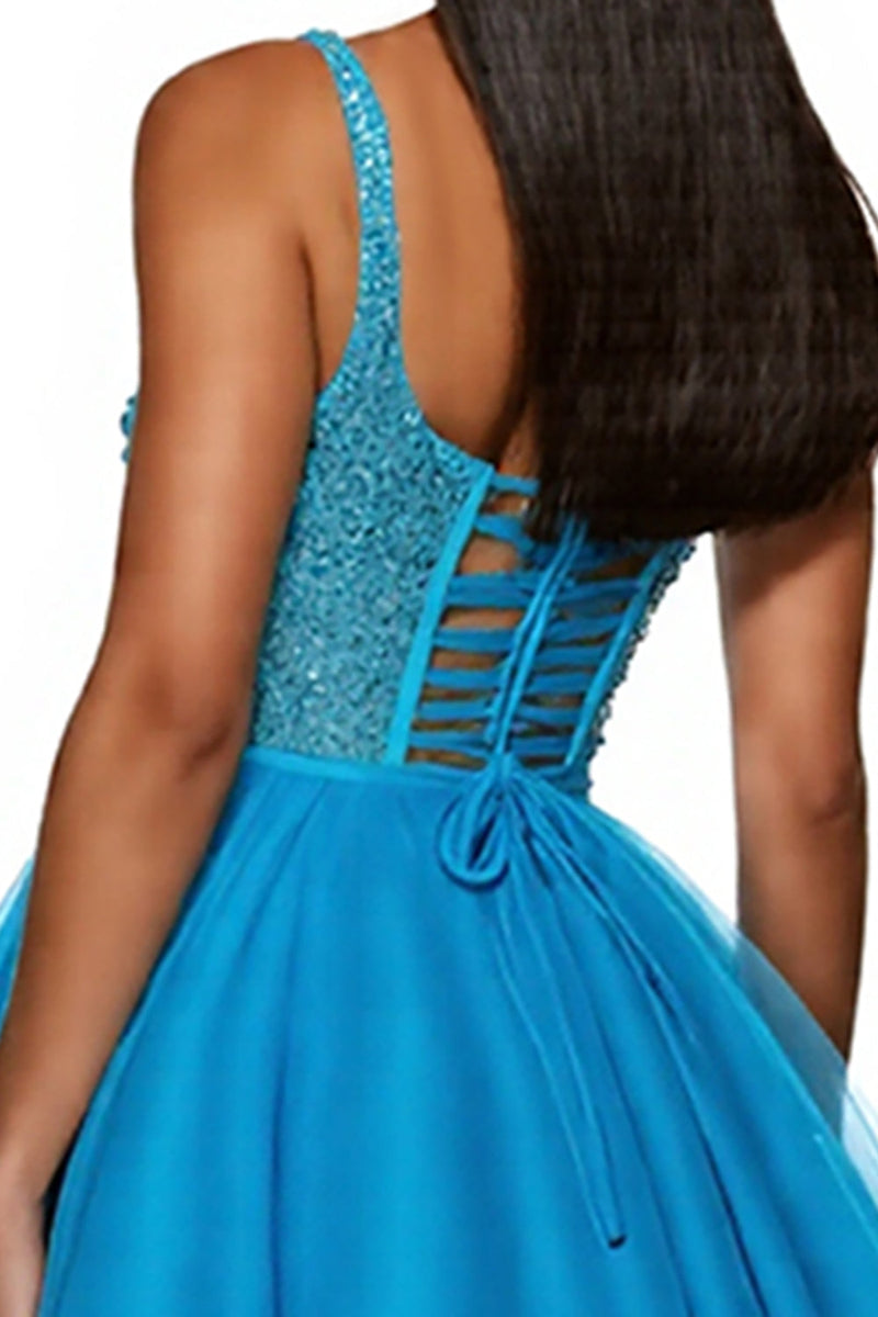 Load image into Gallery viewer, Sparkly Sky Blue A Line Corset One Shoulder Short Tulle Prom Dress