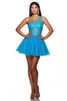 Load image into Gallery viewer, Sparkly Sky Blue A Line Corset One Shoulder Short Tulle Prom Dress